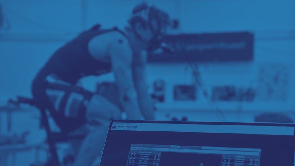 A cyclist on a trainer during a 3D motion-capture bike fit at Bike Fit Studio