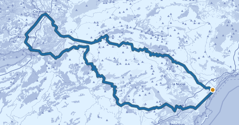 Map of the 126.6 km Aitana, Confrides and Port de Tudons road cycling route from Altea, Costa Blanca