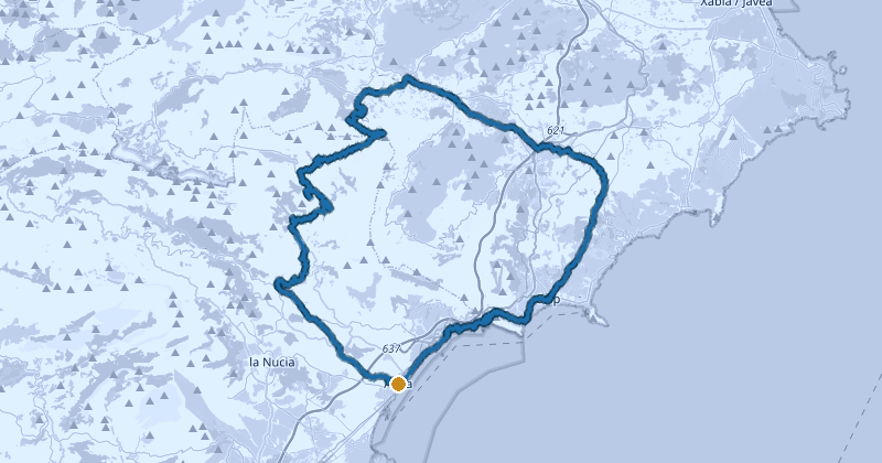 Map of the 74.2 km Coll de Rates road cycling loop from Altea, Costa Blanca