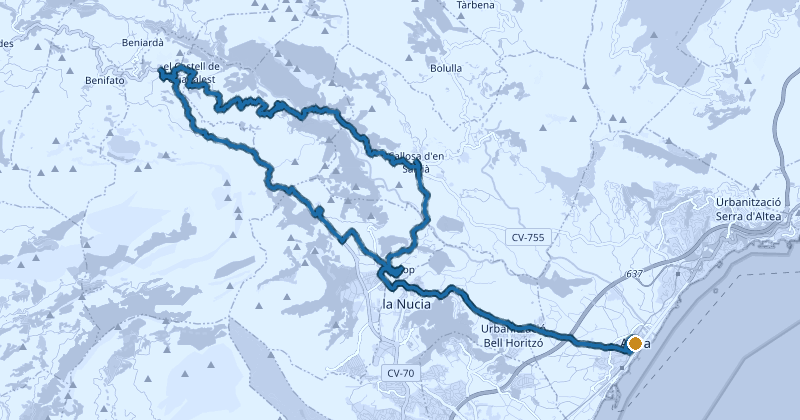 Map of the 49.7 km Algar Valley and Guadalest road cycling route from Altea, Costa Blanca